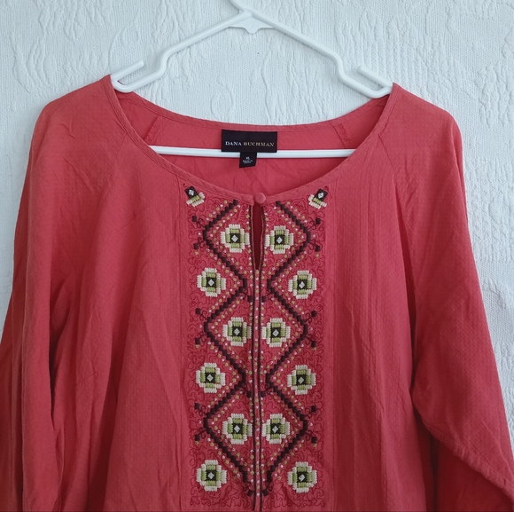 Dana Buchman Red Embroidered Long Tunic Shirt Boho Hippie Coral Cream Light XL - Picture 2 of 12